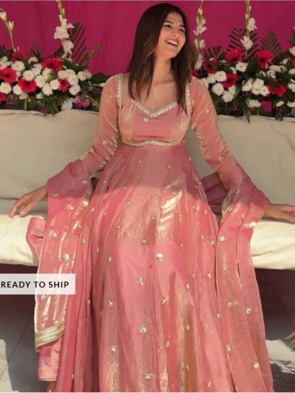 Embellished Pink Maxi Dress with Gold Accents